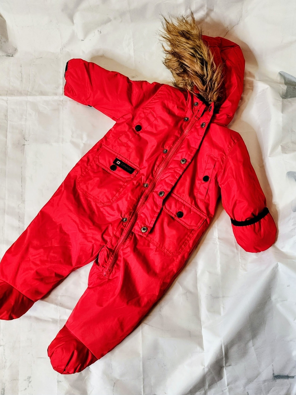 Canada Weathergear Red Hooded Kids Snowsuit with Faux Fur Trim 6-9ms